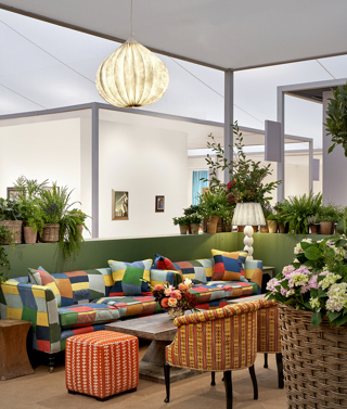 A portrait shot of the lounge area in Ham Yard Restaurant at Frieze Masters designed by Kit Kemp Design Studio
