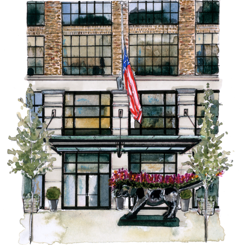 A watercolor-style illustration of Crosby Street Hotel exterior.
