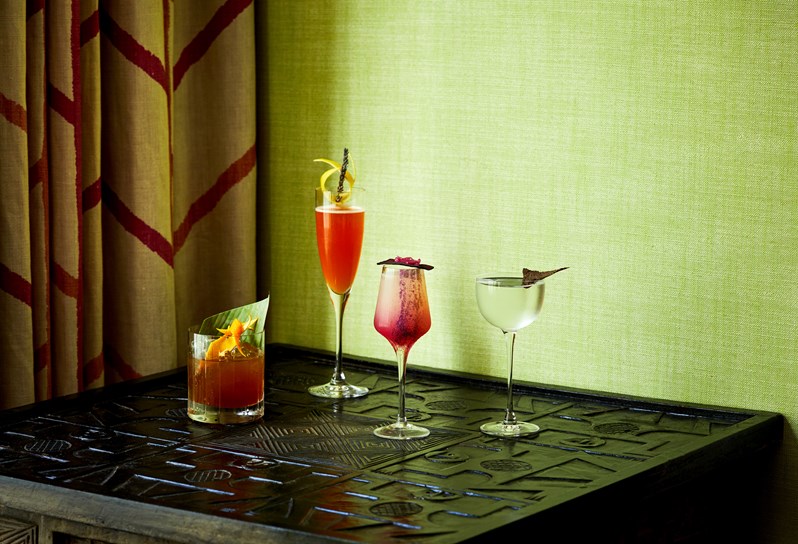 An image of a range of multiple cocktails, including You take the high road…, Garden of England, Enchanted Orchard and Mediterranean Whisper at Refuel, The Soho Hotel.