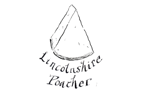 A black line illustration of a triangular cheese with Lincolnshire Poacher written below on a transparent background