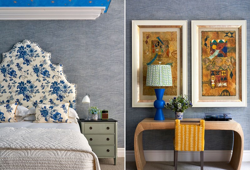 A stitched image of The Knightsbridge Suite at Knightsbridge Hotel. on the left we see the bed focusing on the Blue and white floral statement  headboard. On the right we see the desk area with a chair in front and statement art on the wall.