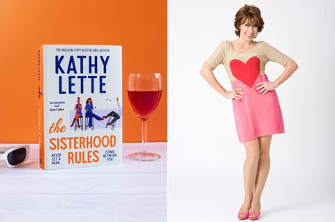 Two portrait images stitched together. On the left, 'The Sisterhood Rules' by Kathy Lette on a table with a glass of wine and sunglasses. On the right, author Kathy Lette standing a pink and beige dress, smiling with her hands on her hips.