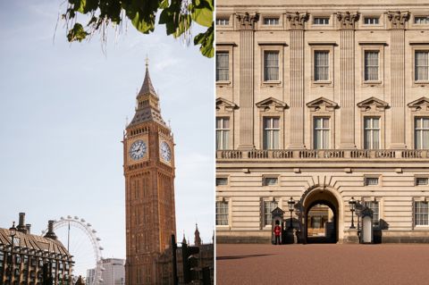 Two portrait images stitched together. On the left is a shot looking up towards Big Ben with the London Eye partially visible in the background. On the right, a close up of Buckingham Palace with a Beefeater stood outside
