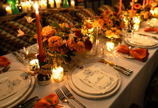 A close up image of a long table set up for dinner with dim candle lighting in The Orangery at Crosby Street Hotel.
