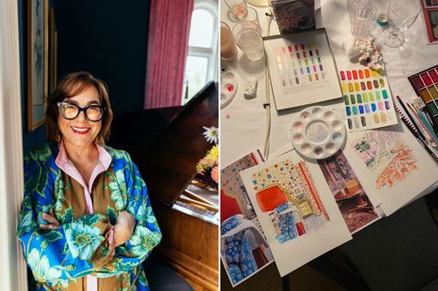 A stitch of two images including artist SJ Axelby in a doorway and a desk covered in watercolour illustrations