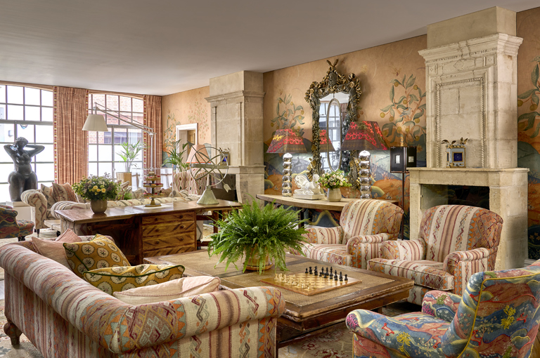 Diagonal wide shot of the Drawing Room at The Soho Hotel