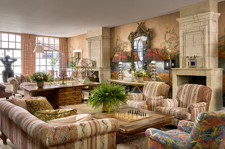 Diagonal wide shot of the Drawing Room at The Soho Hotel