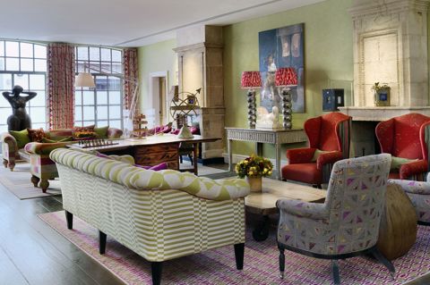 Diagonal shot of the Drawing Room at The Soho Hotel