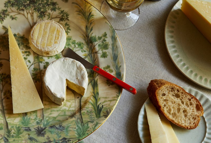 Selection of cheese on plate, with knife sitting alongside on plate