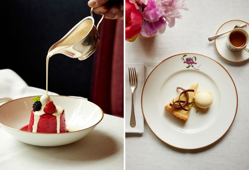 Two images stitched together. On the left, a small red berry sponge with mixed berries on top in a bowl, cream is being poured from a small silver jug from above. On the right, a slice of lemon tart with chocolate curls and a scoop of vanilla ice cream on a plate, shot from above.