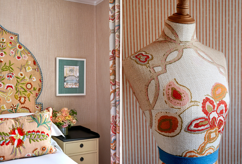 Two sided slideshow image with a mannequin on the right and bed close up on the left of a luxury room