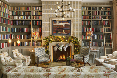 Wide shot of Christmas decorations in the drawing room at Ham Yard Hotel