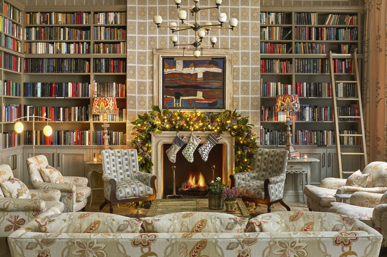 Wide shot of Christmas decorations in the drawing room at Ham Yard Hotel