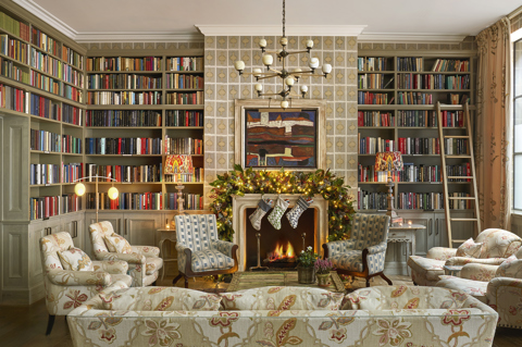 Wide shot of Christmas decorations in the drawing room at Ham Yard Hotel