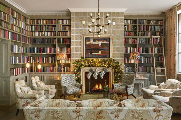 Wide shot of Christmas decorations in the drawing room at Ham Yard Hotel