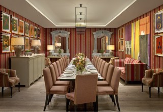 An image of the long dining set up in the Sherwood private events room at Ham Yard Hotel