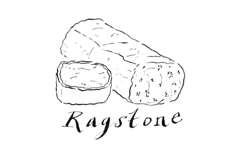 A black line illustration of a long cylindrical cheese with a round piece cut out next to it and Ragstone written below on a transparent background