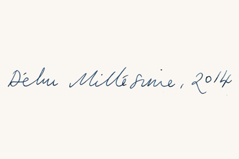 Handwritten script saying Dehu Millesime 2014