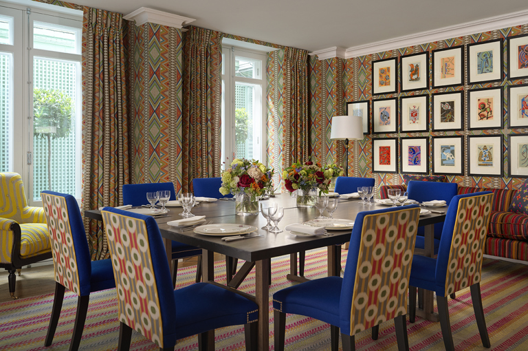 Squared dining table set-up in the Lyric private events room at Covent Garden Hotel