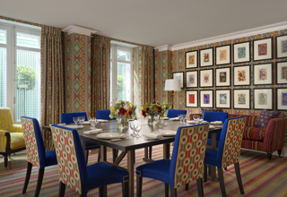 Squared dining table set-up in the Lyric private events room at Covent Garden Hotel