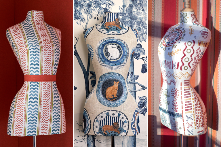 An image of three mannequins all n a red and blue and bold fabrics.