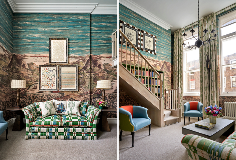An image of two blue and red rub chairs in front of a wooden staircase next to an image of a green chequered sofa in front of a nautical wallpaper in the loft suite at Charlotte Street Hotel