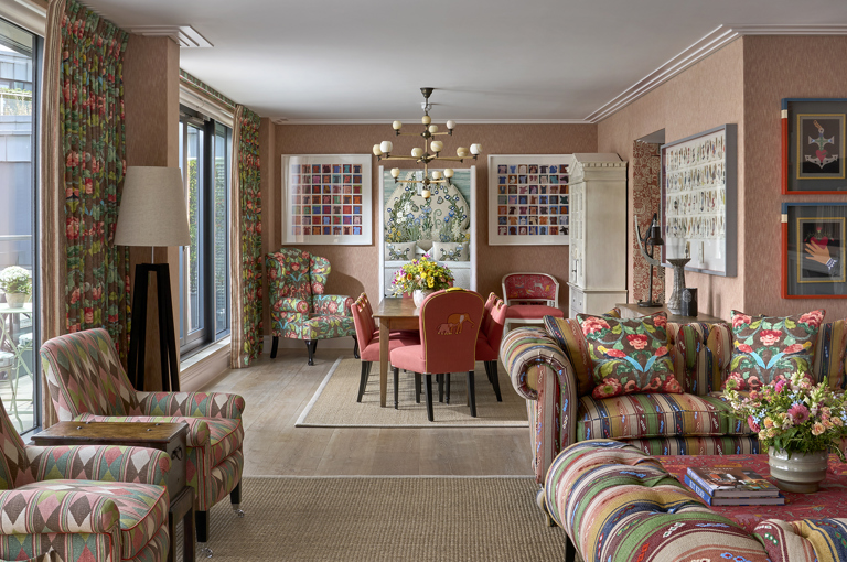 An image of the dining area shot from the sitting area in room 502, the Terrace Suite at Ham Yard Hotel