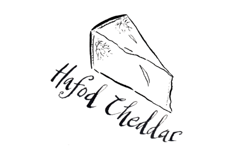 A black line illustration of a triangular wedge of cheese with Hafod Cheddar written diagonally down the side on a transparent background