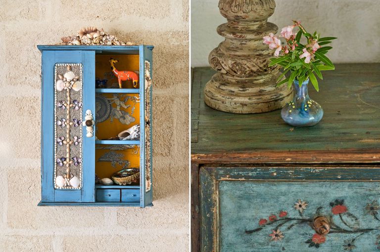 A stitched image of Bedroom 4 at Rossferry the property in Barbados managed by Firmdale Hotels. On the left a blue shell decorated cupboard of shelves. On the right, a close up image of a blue chest of drawers with a vase of flowers. 