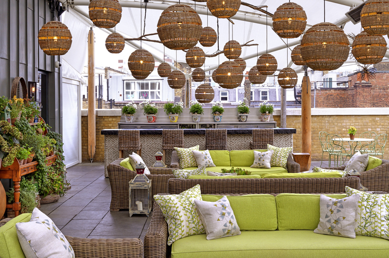 Wide shot of the Roof Terrace at Ham Yard Hotel