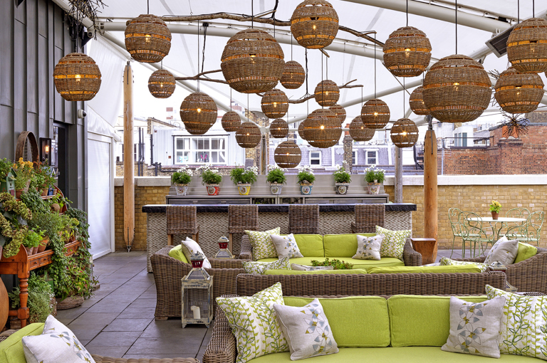 Wide shot of the Roof Terrace at Ham Yard Hotel