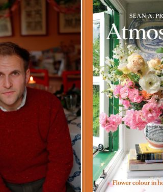 Two portrait images stitched together. On the left, a headshot of author Sean A. Pritchard. On the right, the book jacket for Atmosfloric by Sean A. Pritchard, which displays a large spring floral arrangement