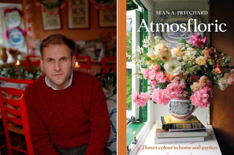 Two portrait images stitched together. On the left, a headshot of author Sean A. Pritchard. On the right, the book jacket for Atmosfloric by Sean A. Pritchard, which displays a large spring floral arrangement