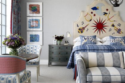 Bed and seating area shot of room 504, the One Bedroom Terrace Suite at The Soho Hotel