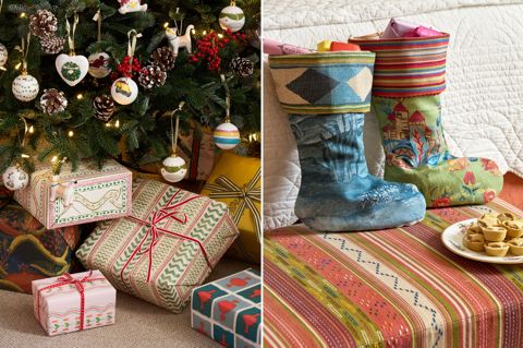 This stitched image shows festive Christmas details at Haymarket Hotel, on the left, a beautifully decorated Christmas tree with ornaments, pinecones and red berries above colourful wrapped presents, on the right, patterned stockings filled with gifts and a plate of traditional mince pies.