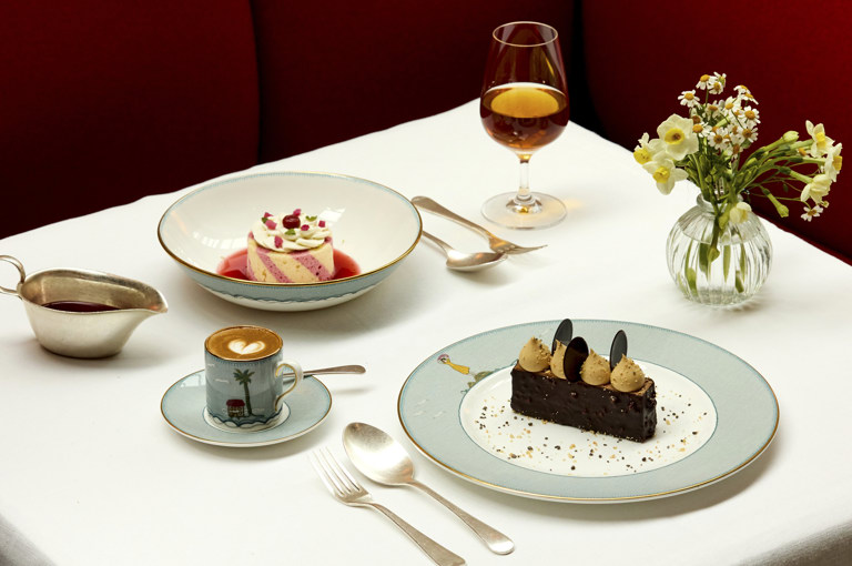 Wide shot of desserts at Ham Yard restaurant