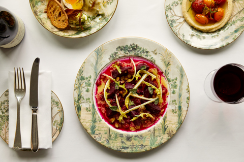 A plate of beetroot salad served at Ham Yard Restaurant at Frieze Masters