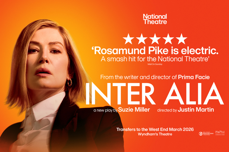 A landscape promotional poster for the play 'Inter Alia'. Against an orange backdrop, the head and shoulders of a blond haired stern-looking woman dressed in a suit is on the left side, with text about the show written in white to the right