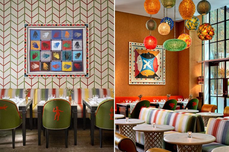 Two portrait images of The Crosby Bar stitched together. On the left, dining tables of two in a row. On the right, low seating in the bar area