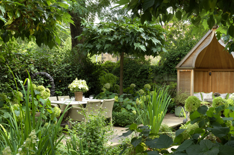 Wide shot of a corner of the Orangery Garden at Number Sixteen