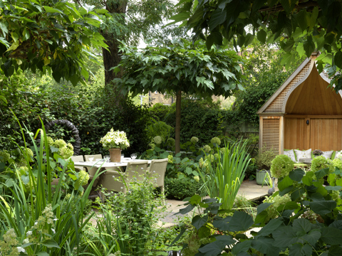Wide shot of a corner of the Orangery Garden at Number Sixteen
