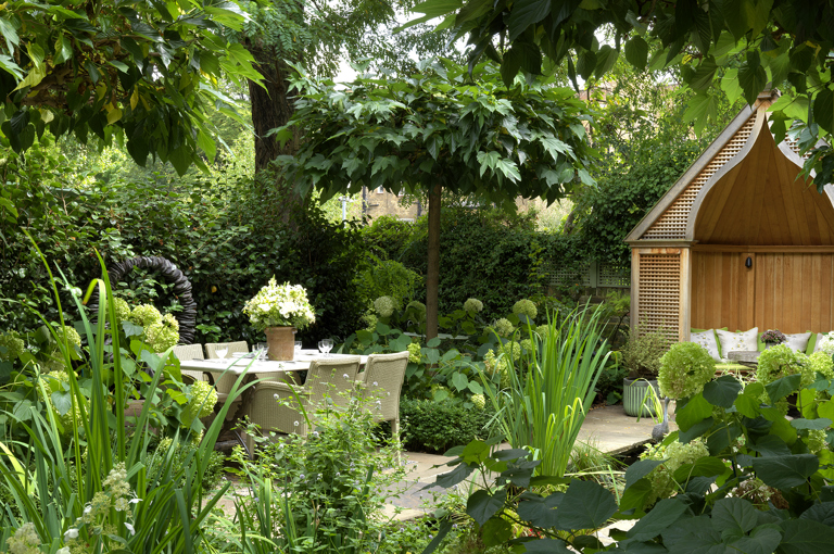 Wide shot of a corner of the Orangery Garden at Number Sixteen