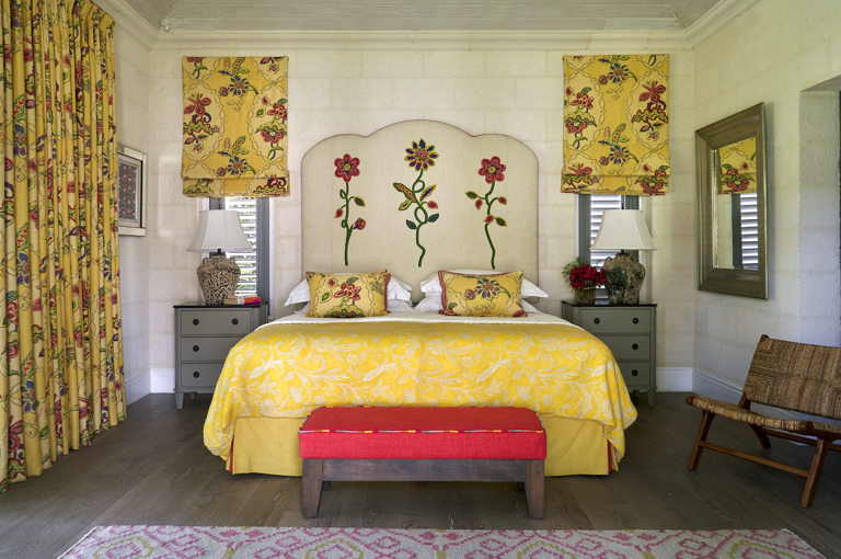A front on image of the bed, in Bedroom 5. At Rossferry, the Carribean Property managed by Firmdale. 