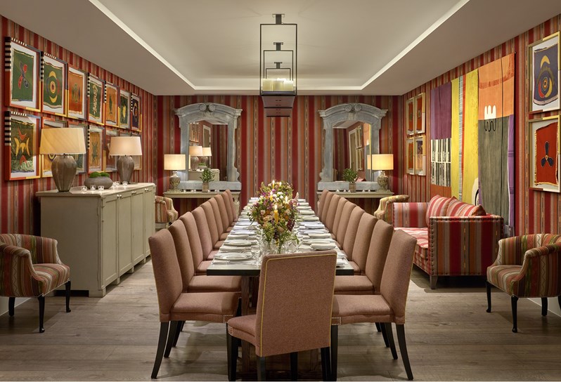 An image of the long dining set up in the Sherwood private events room at Ham Yard Hotel