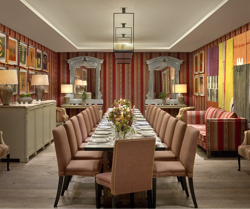 An image of the long dining set up in the Sherwood private events room at Ham Yard Hotel