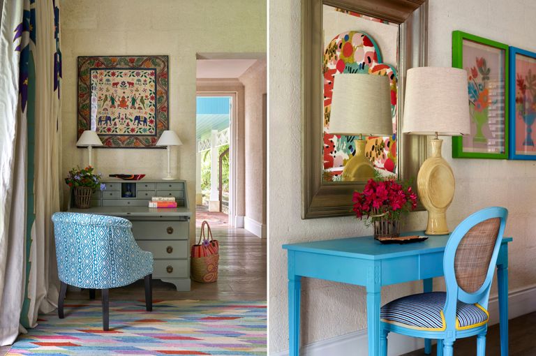 A stitched image of Bedroom 2 at Rossferry the property in Barbados managed by Firmdale Hotels. On the left a blue tub armchair in front of a blue chest of drawers desk, under a piece of art. On the right, an image of a blue chair in front of a blue desk, with a lamp and flowers on top, under a mirror. 