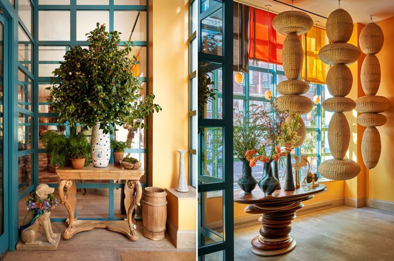 Two images stitched together. On the right, the entryway to Warren Street Hotel. On the left, hanging baskets in the Lobby at Warren Street Hotel
