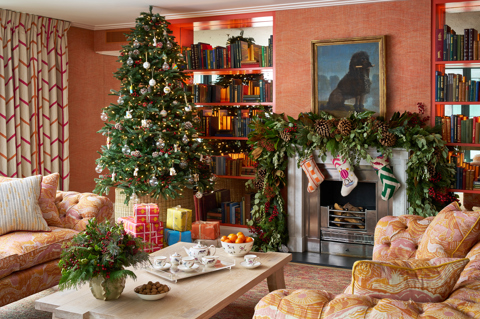 Wide shot of Christmas decorations in a suite at Ham Yard Hotel