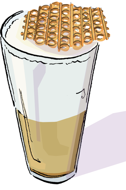 An illustration of a warm yellow-toned tall cocktail, topped with a honeycomb garnish