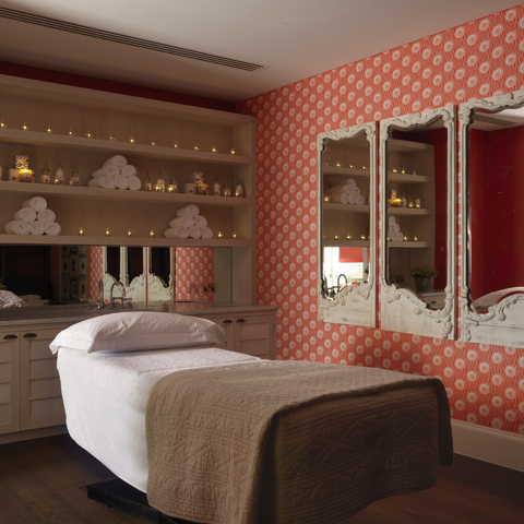 Diagonal shot of a single treatment room of the Soholistic Spa at Ham Yard Hotel